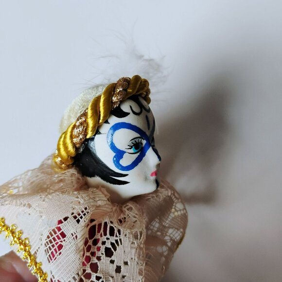 Vintage Porcelain Pierrot Head Ornament, Harlequin Clown Doll Pin Cushion, Lace - Picture 10 of 12